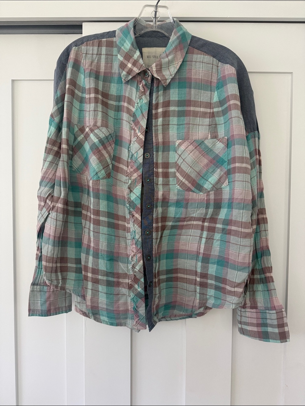 We The Free Plaid Button-Down Shirt in Teal, Brown & Pink